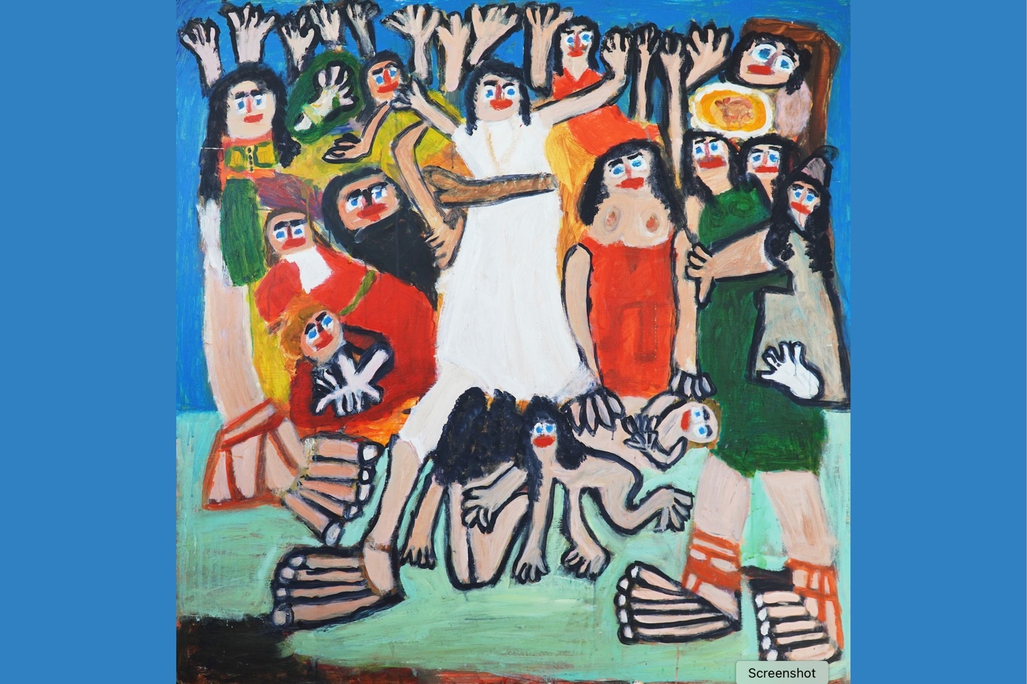 Diana Chambers, A Greek Party, Acrylic on Board, 122 x 125 cm, 2016 (inspired by The Intervention of the Sabine Woman, a 1799 painting by the French painter Jacques-Lousi David).