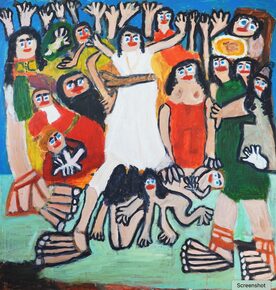 Diana Chambers, A Greek Party, Acrylic on Board, 122 x 125 cm, 2016 (inspired by The Intervention of the Sabine Woman, a 1799 painting by the French painter Jacques-Lousi David).
