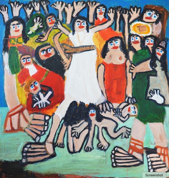 Diana Chambers, A Greek Party, Acrylic on Board, 122 x 125 cm, 2016 (inspired by The Intervention of the Sabine Woman, a 1799 painting by the French painter Jacques-Lousi David).