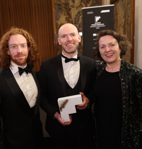 L-R Shawn Fitzgerald Ahern (choroegrapher) Michael Gallen (composer) and Maura O’Keeffe (producer) accepting the Fedora Prize for Opera for The Curing Line from Straymaker (IRL) at the Vienna State Opera on Saturday evening.C. Katharina Schiffl.